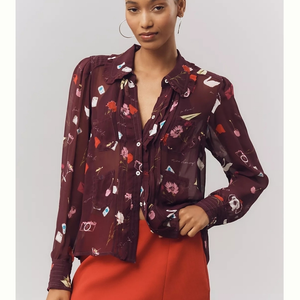 NWT Danielle Kroll x Maeve Sheer Chiffon Buttondown Shirt